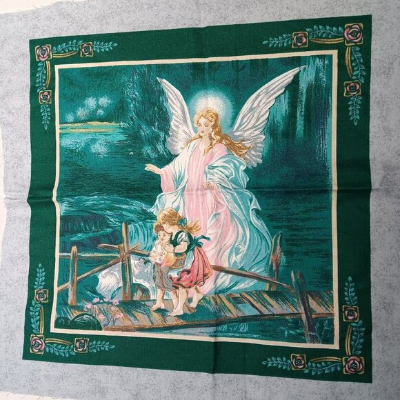 Guardian Angel Fabric Panel Quilt Square Pair 2 Green Children Craft Sewing Sew - Picture 3 of 6